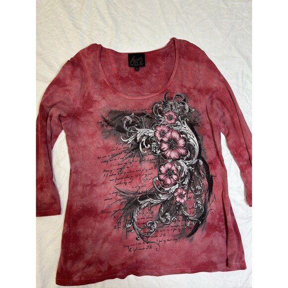 Early 2000’s Y2K Crimson Tie-Dye Long Sleeve With Floral Art Grunge Size L - Picture 1 of 12